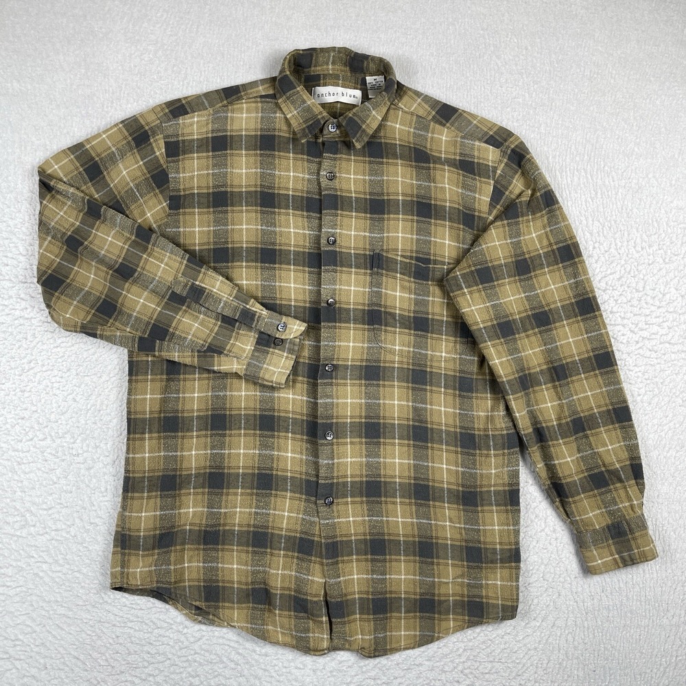 Anchor Blue Shirt Mens Medium Beige Plaid Vintage‎ Outdoors Camp Hike Gorpcore